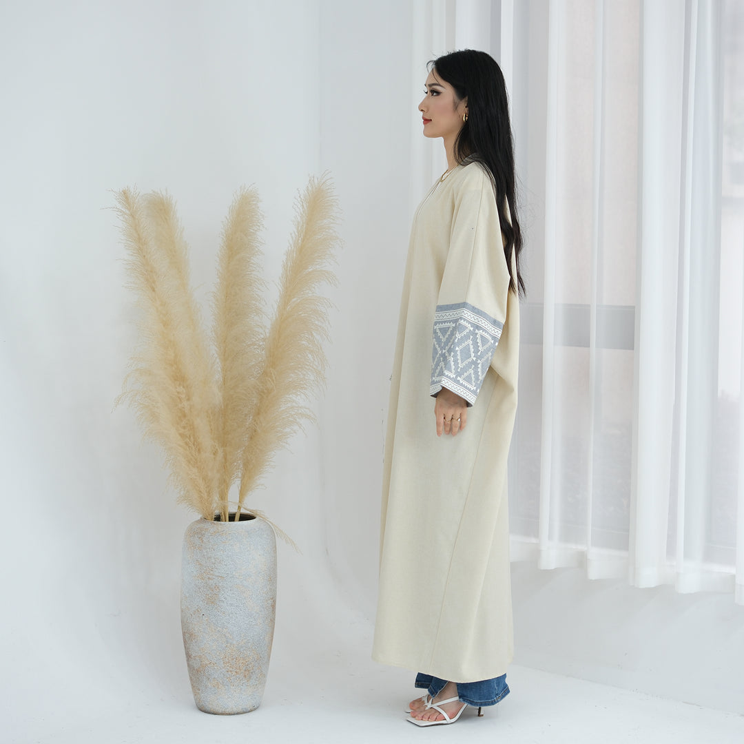 Get trendy with Rania Open Abaya Kimono - Sand - Cardigan available at Voilee NY. Grab yours for $49.90 today!