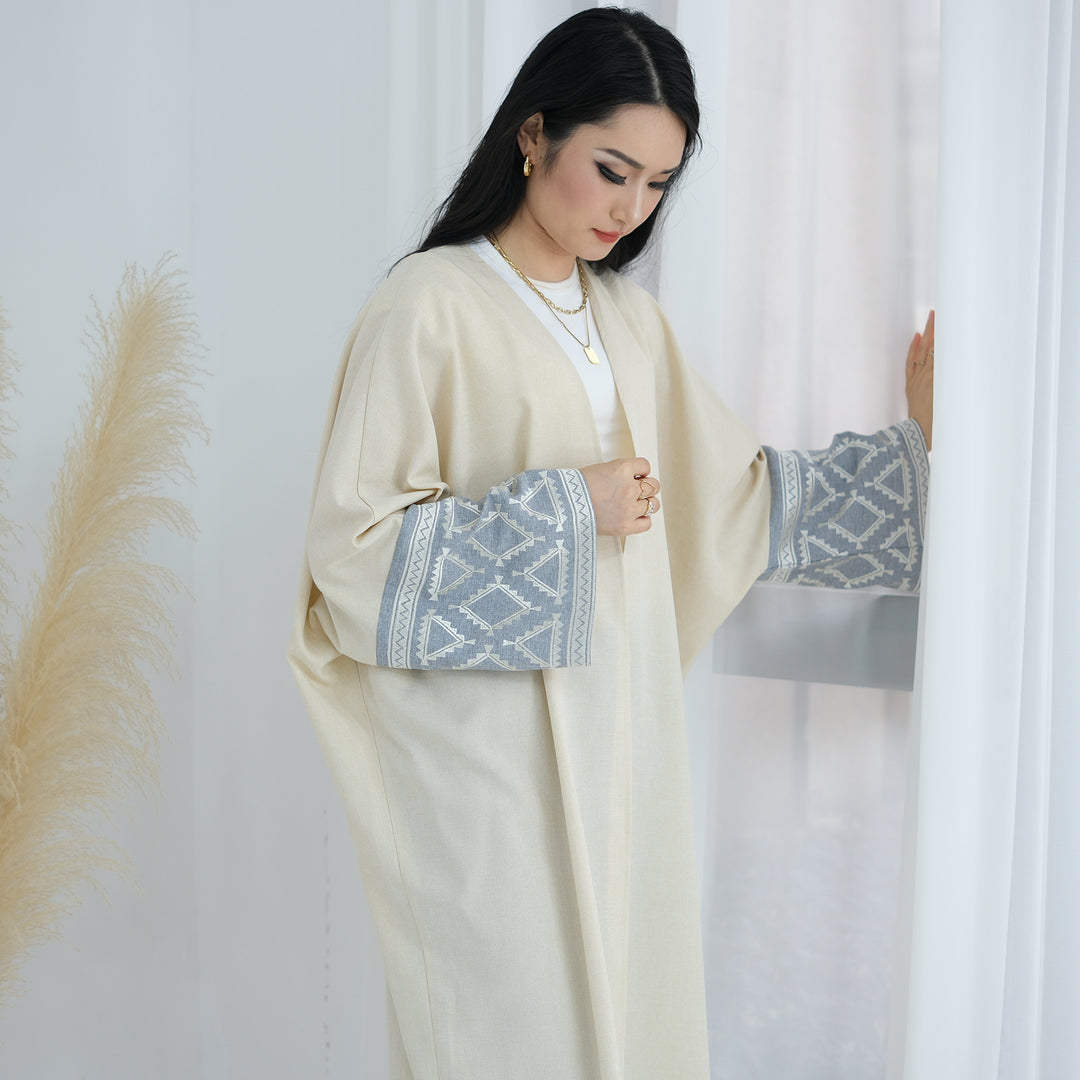 Get trendy with Rania Open Abaya Kimono - Sand - Cardigan available at Voilee NY. Grab yours for $49.90 today!