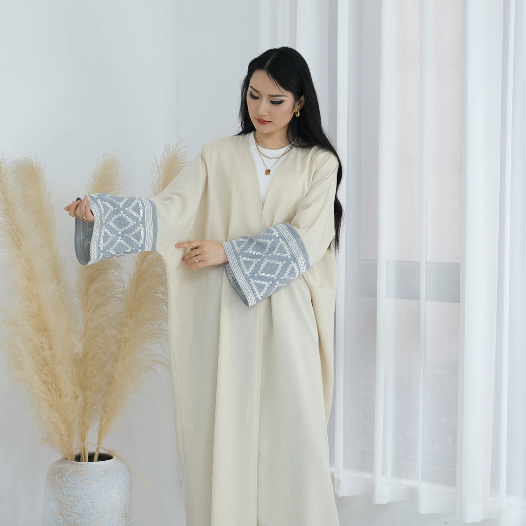 Get trendy with Rania Open Abaya Kimono - Sand - Cardigan available at Voilee NY. Grab yours for $49.90 today!