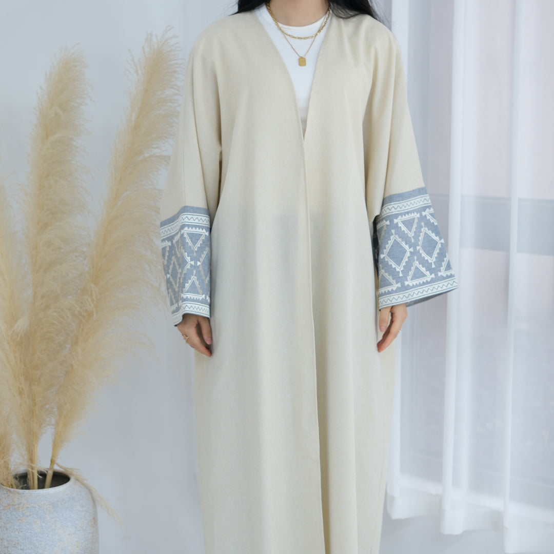 Get trendy with Rania Open Abaya Kimono - Sand - Cardigan available at Voilee NY. Grab yours for $49.90 today!