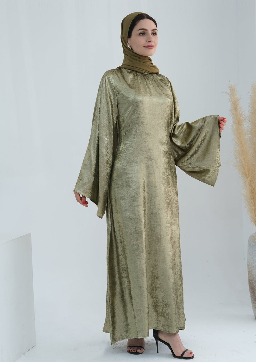 Get trendy with Bailey Shimmer Maxi Dress - Olive -  available at Voilee NY. Grab yours for $64.90 today!