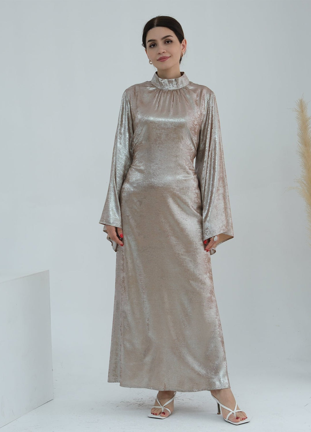 Get trendy with Bailey Shimmer Maxi Dress - Beige -  available at Voilee NY. Grab yours for $64.90 today!