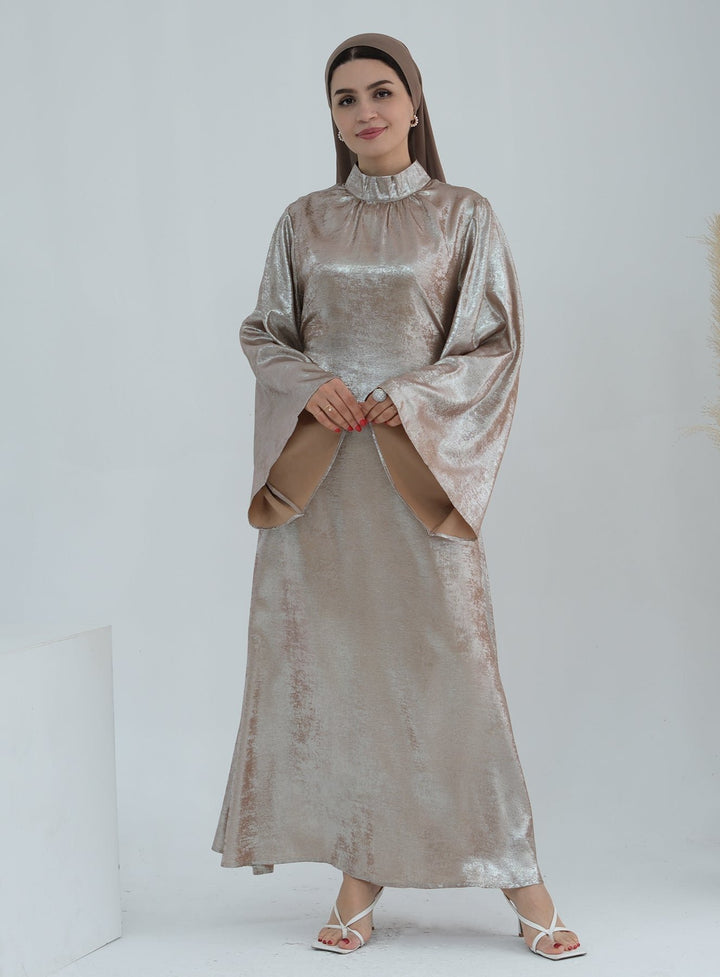 Get trendy with Bailey Shimmer Maxi Dress - Beige -  available at Voilee NY. Grab yours for $64.90 today!