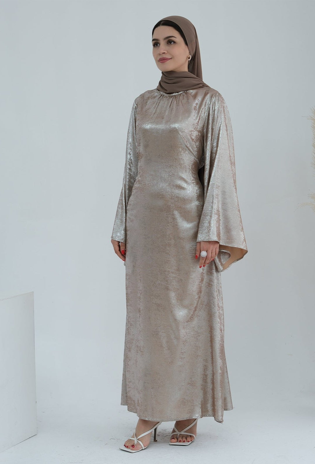 Get trendy with Bailey Shimmer Maxi Dress - Beige -  available at Voilee NY. Grab yours for $64.90 today!