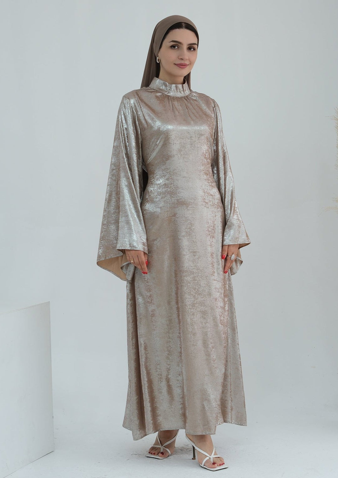 Get trendy with Bailey Shimmer Maxi Dress - Beige -  available at Voilee NY. Grab yours for $64.90 today!