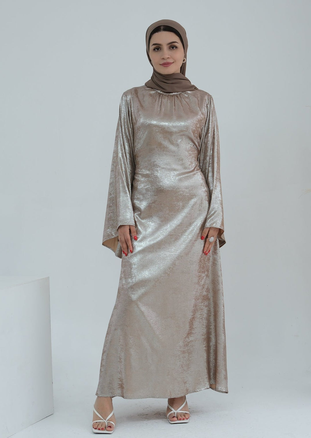 Get trendy with Bailey Shimmer Maxi Dress - Beige -  available at Voilee NY. Grab yours for $64.90 today!