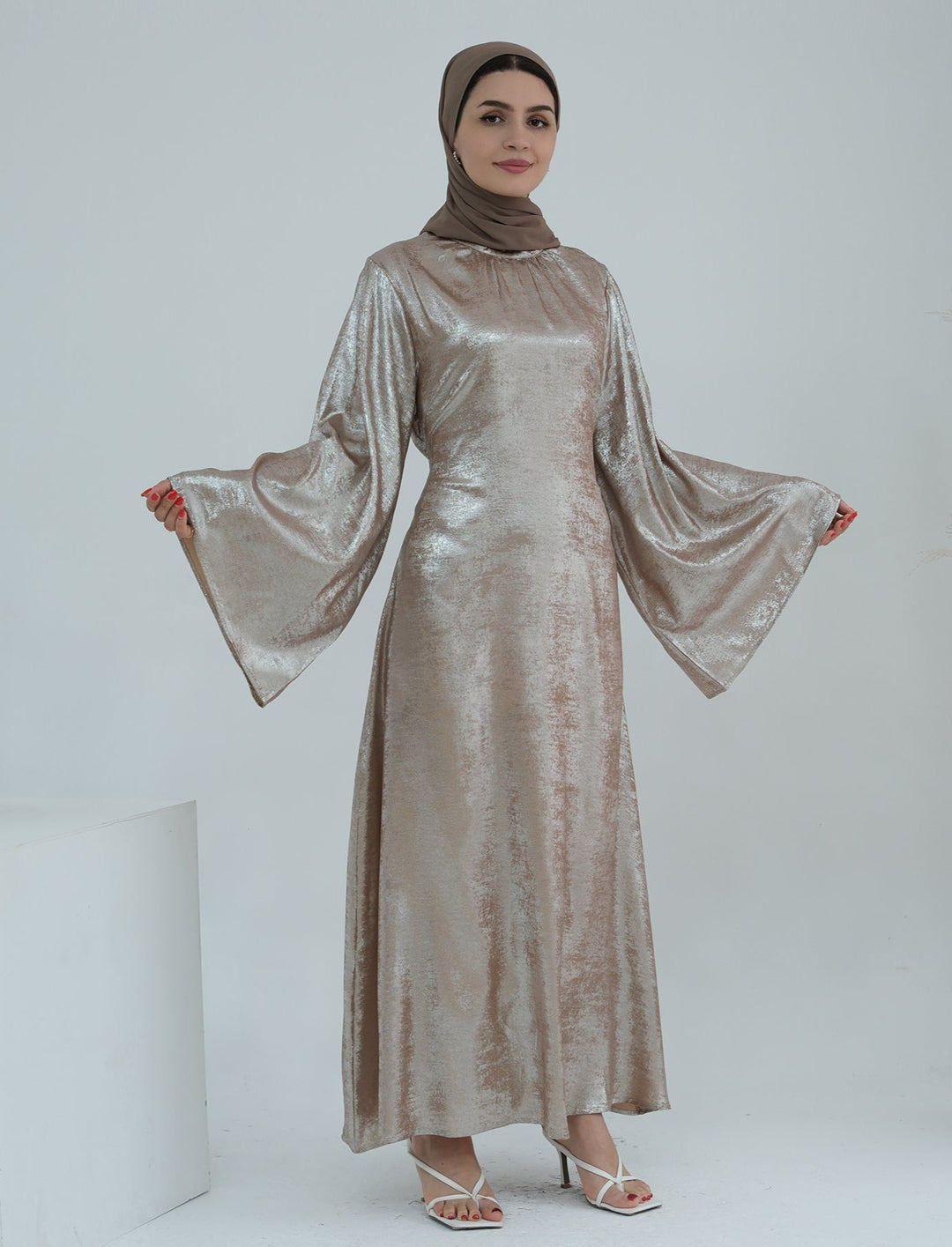 Get trendy with Bailey Shimmer Maxi Dress - Beige -  available at Voilee NY. Grab yours for $64.90 today!