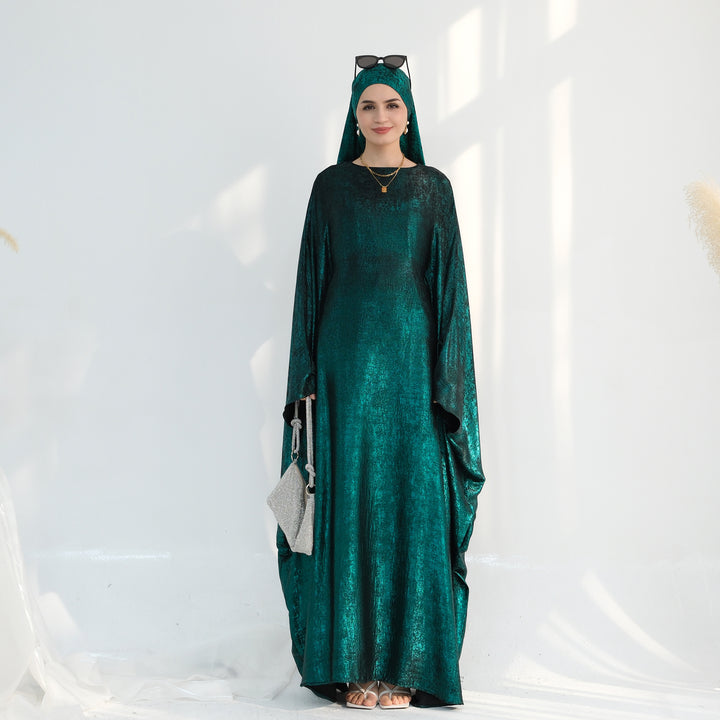 Get trendy with Linora Shimmer Butterfly Abaya - Green - Dresses available at Voilee NY. Grab yours for $59.90 today!