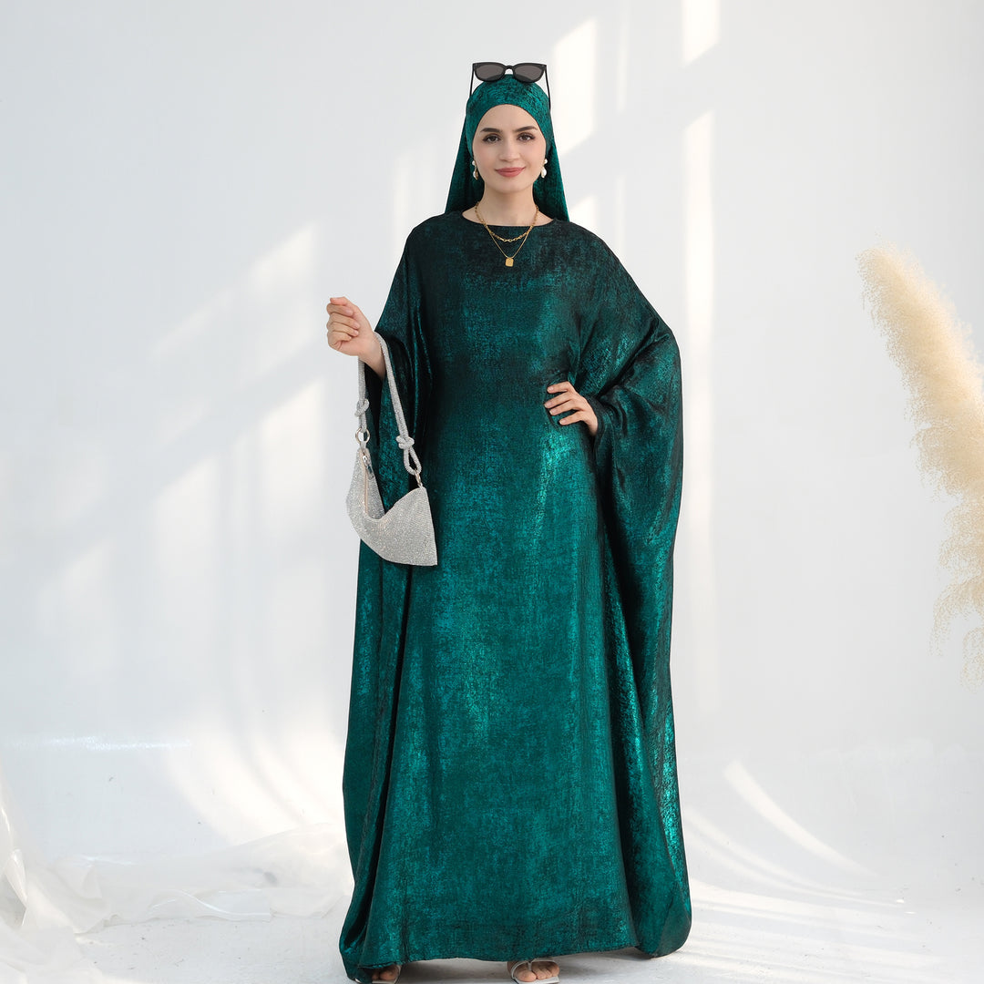 Get trendy with Linora Shimmer Butterfly Abaya - Green - Dresses available at Voilee NY. Grab yours for $59.90 today!