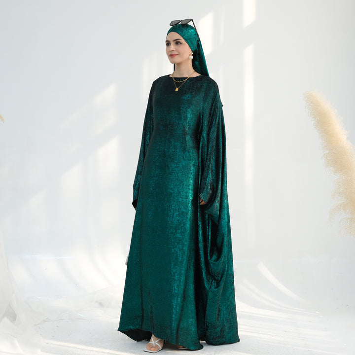 Get trendy with Linora Shimmer Butterfly Abaya - Green - Dresses available at Voilee NY. Grab yours for $59.90 today!