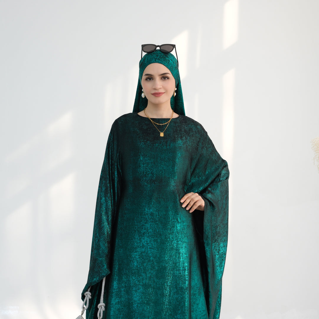 Get trendy with Linora Shimmer Butterfly Abaya - Green - Dresses available at Voilee NY. Grab yours for $59.90 today!