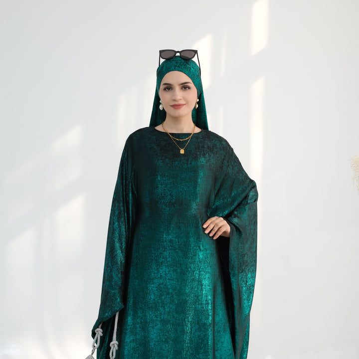 Get trendy with Linora Shimmer Butterfly Abaya - Green - Dresses available at Voilee NY. Grab yours for $59.90 today!