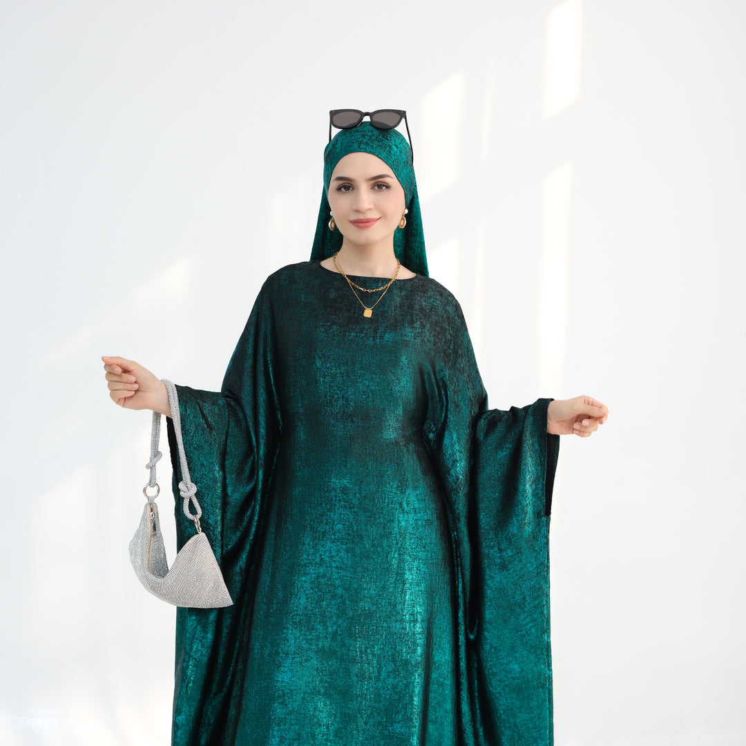 Get trendy with Linora Shimmer Butterfly Abaya - Green - Dresses available at Voilee NY. Grab yours for $59.90 today!