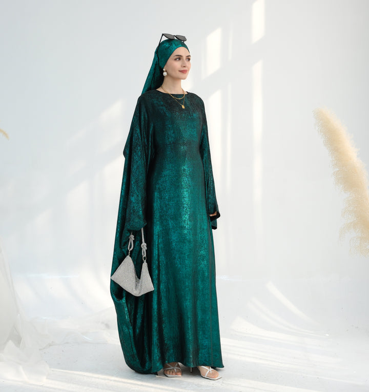 Get trendy with Linora Shimmer Butterfly Abaya - Green - Dresses available at Voilee NY. Grab yours for $59.90 today!