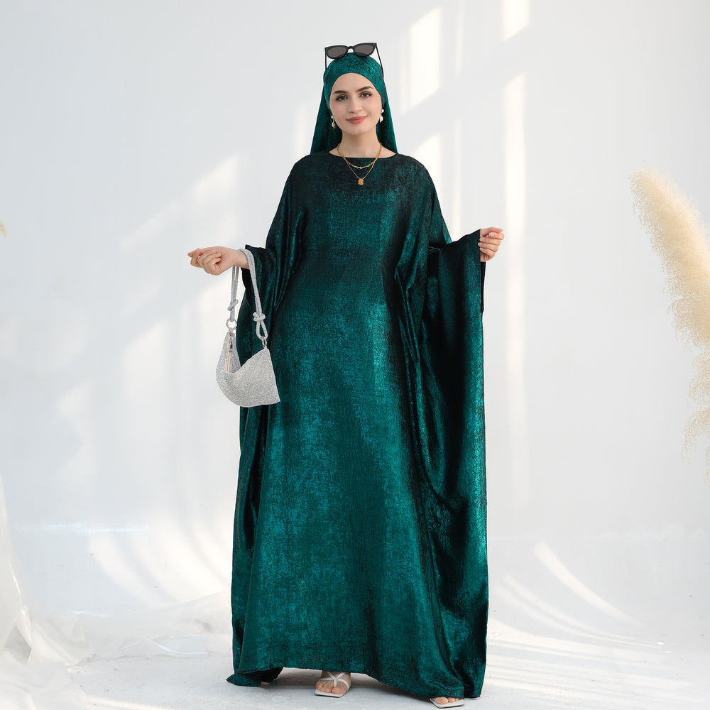 Get trendy with Linora Shimmer Butterfly Abaya - Green - Dresses available at Voilee NY. Grab yours for $59.90 today!