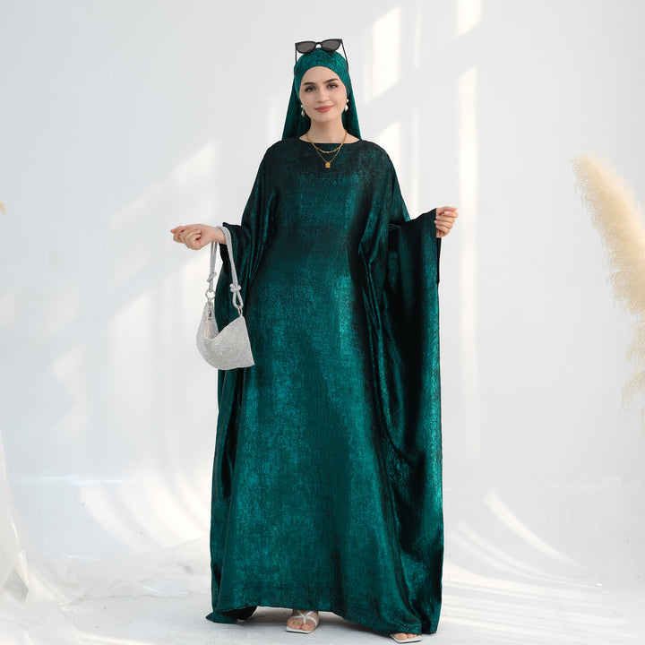 Get trendy with Linora Shimmer Butterfly Abaya - Green - Dresses available at Voilee NY. Grab yours for $59.90 today!