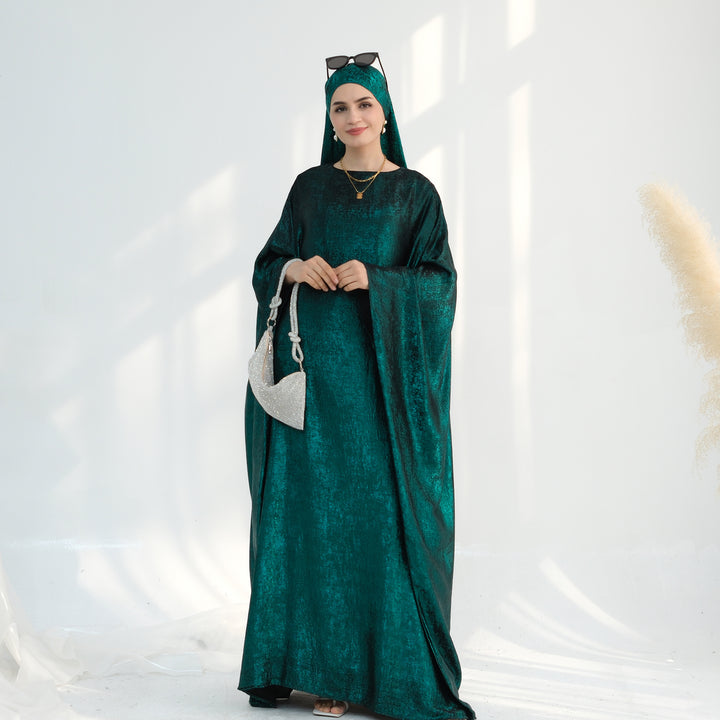 Get trendy with Linora Shimmer Butterfly Abaya - Green - Dresses available at Voilee NY. Grab yours for $59.90 today!