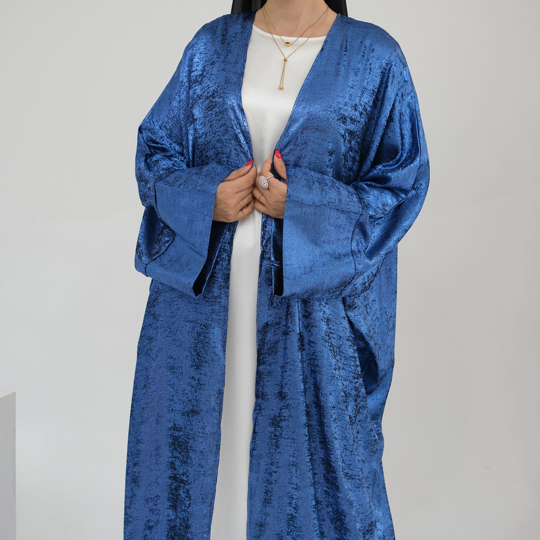 Get trendy with Draya Shimmer Kimono Open Abaya - Blue - Cardigan available at Voilee NY. Grab yours for $54.90 today!