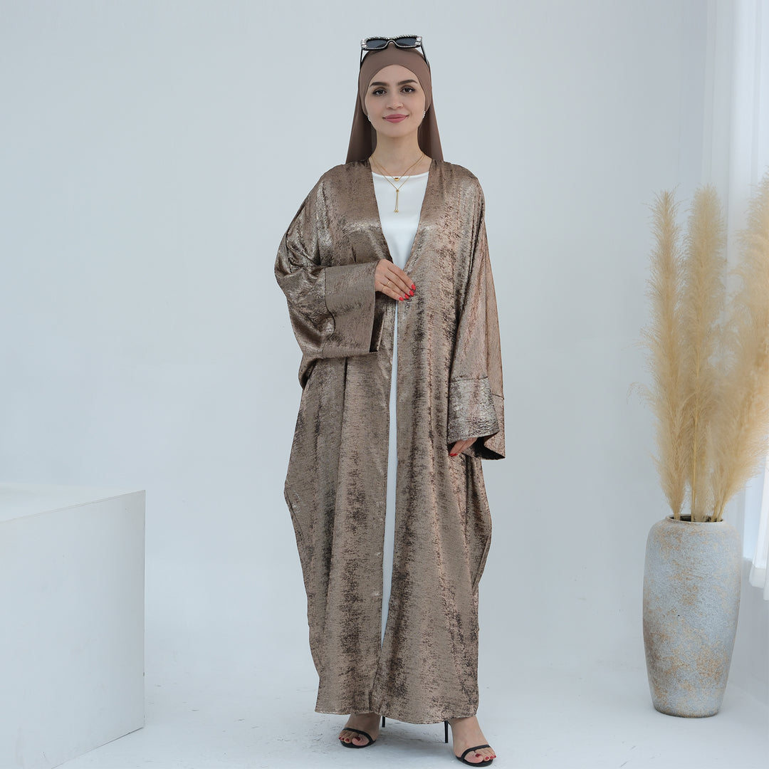 Get trendy with Draya Shimmer Kimono Open Abaya - Brown - Cardigan available at Voilee NY. Grab yours for $54.90 today!