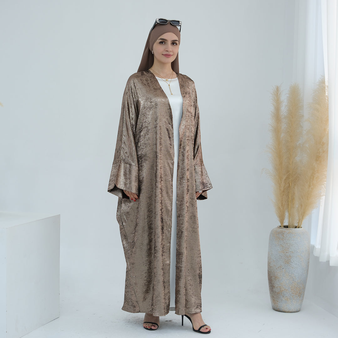 Get trendy with Draya Shimmer Kimono Open Abaya - Brown - Cardigan available at Voilee NY. Grab yours for $54.90 today!