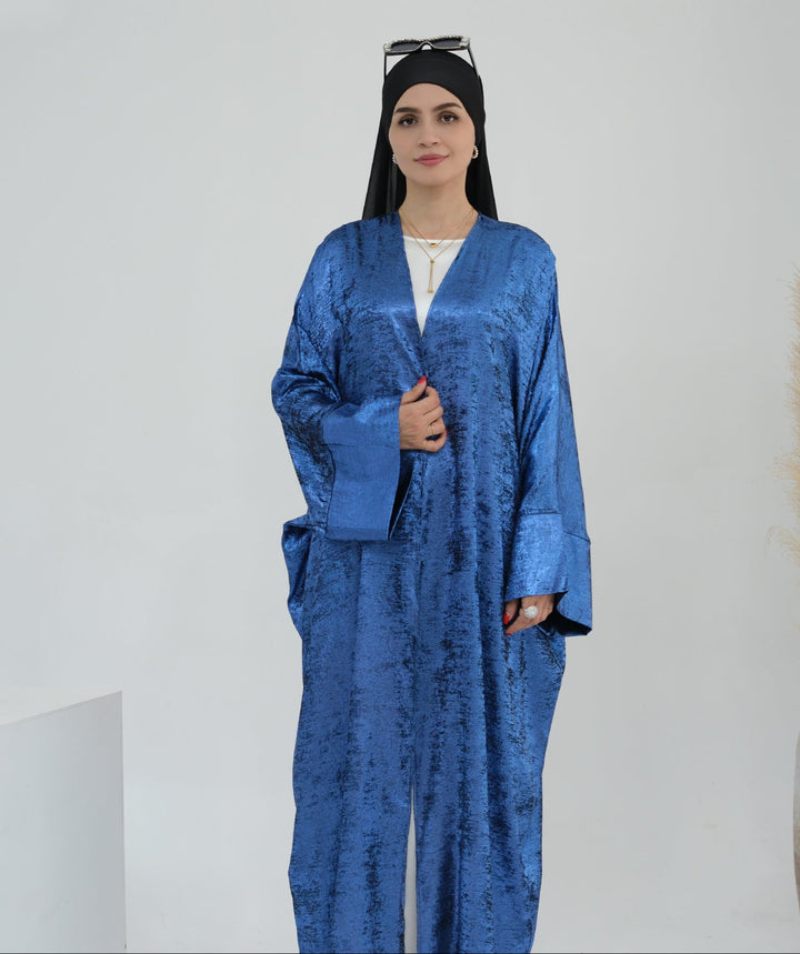 Get trendy with Draya Shimmer Kimono Open Abaya - Blue - Cardigan available at Voilee NY. Grab yours for $54.90 today!