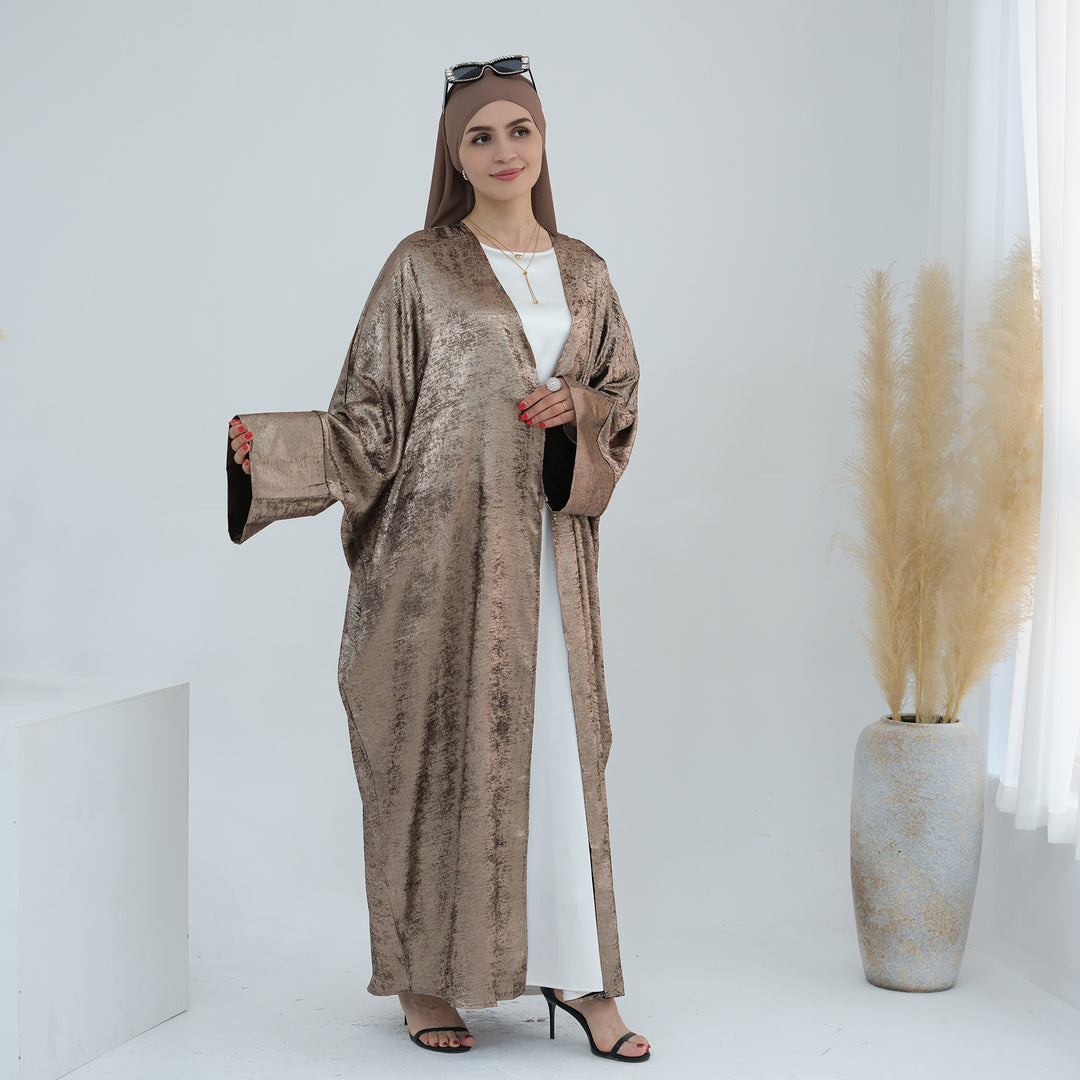 Get trendy with Draya Shimmer Kimono Open Abaya - Brown - Cardigan available at Voilee NY. Grab yours for $54.90 today!