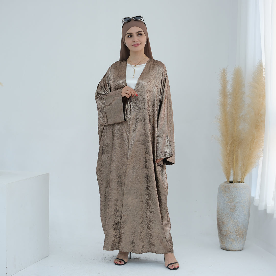 Get trendy with Draya Shimmer Kimono Open Abaya - Brown - Cardigan available at Voilee NY. Grab yours for $54.90 today!