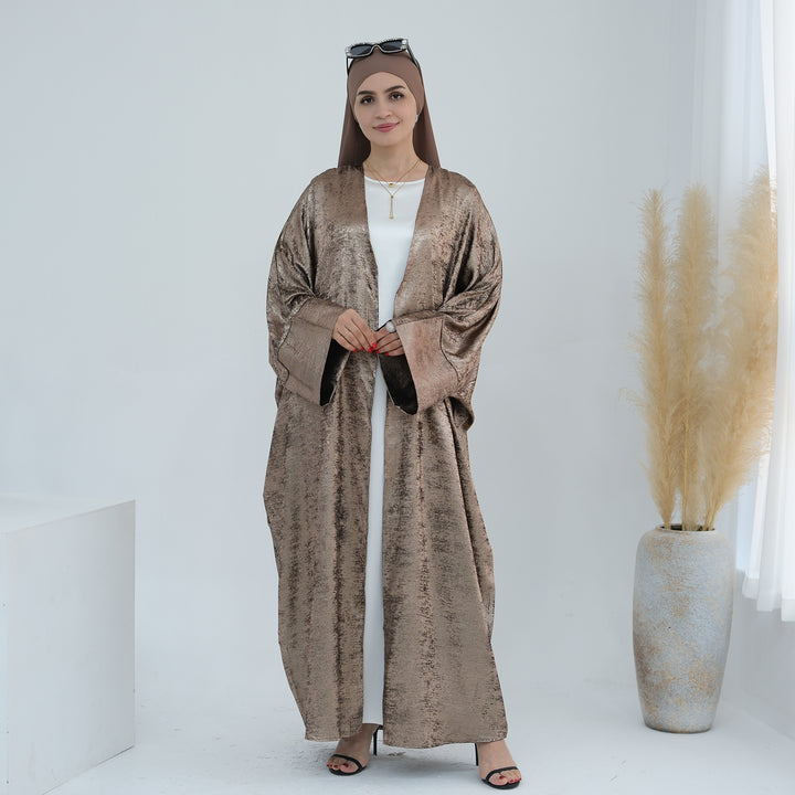 Get trendy with Draya Shimmer Kimono Open Abaya - Brown - Cardigan available at Voilee NY. Grab yours for $54.90 today!