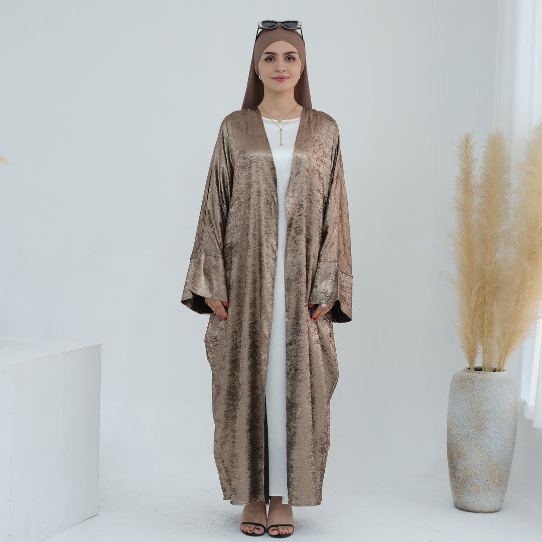 Get trendy with Draya Shimmer Kimono Open Abaya - Brown - Cardigan available at Voilee NY. Grab yours for $54.90 today!