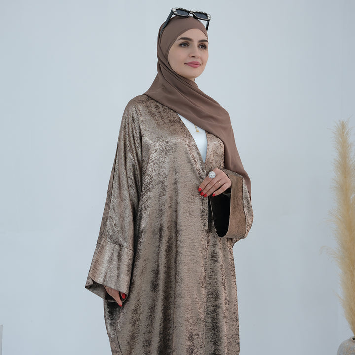 Get trendy with Draya Shimmer Kimono Open Abaya - Brown - Cardigan available at Voilee NY. Grab yours for $54.90 today!