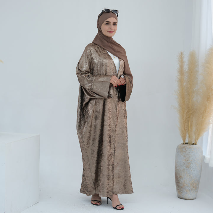 Get trendy with Draya Shimmer Kimono Open Abaya - Brown - Cardigan available at Voilee NY. Grab yours for $54.90 today!