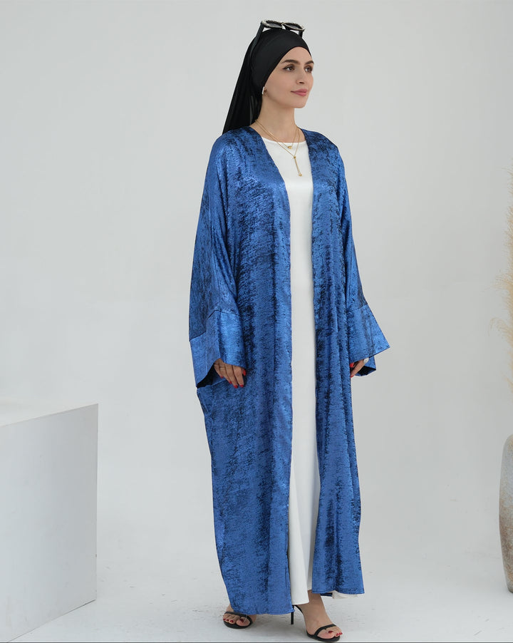 Get trendy with Draya Shimmer Kimono Open Abaya - Blue - Cardigan available at Voilee NY. Grab yours for $54.90 today!