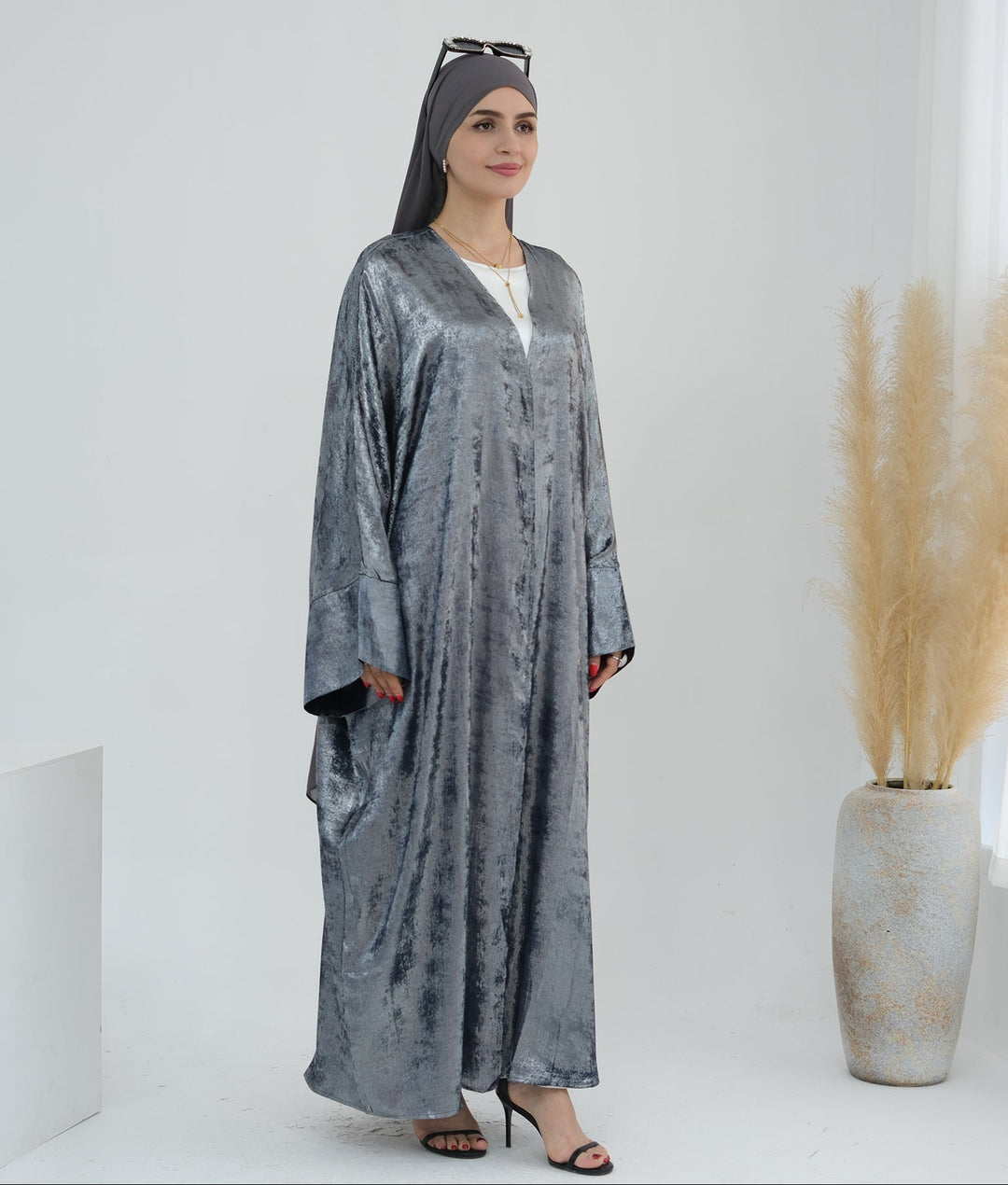 Get trendy with Draya Shimmer Kimono Open Abaya - Silver - Cardigan available at Voilee NY. Grab yours for $54.90 today!