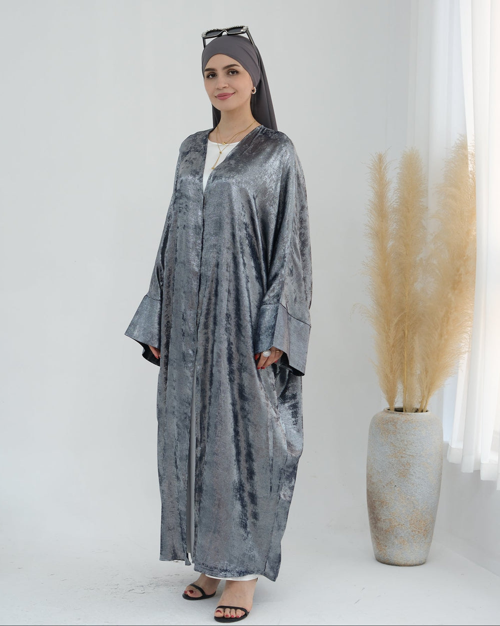 Get trendy with Draya Shimmer Kimono Open Abaya - Silver - Cardigan available at Voilee NY. Grab yours for $54.90 today!