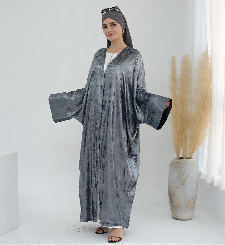 Get trendy with Draya Shimmer Kimono Open Abaya - Silver - Cardigan available at Voilee NY. Grab yours for $54.90 today!