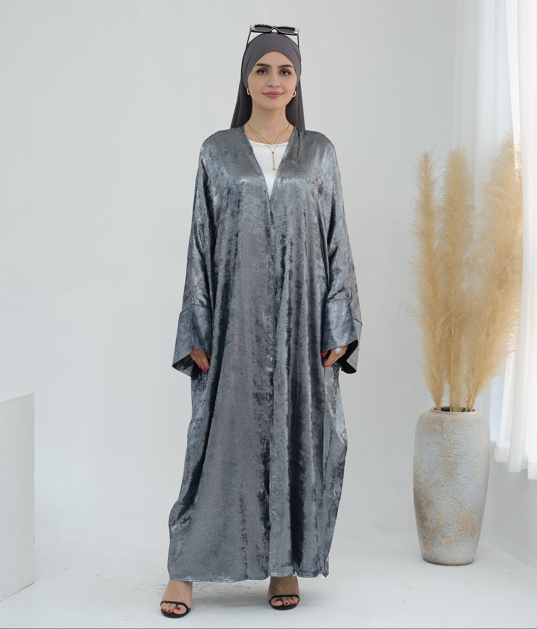 Get trendy with Draya Shimmer Kimono Open Abaya - Silver - Cardigan available at Voilee NY. Grab yours for $54.90 today!