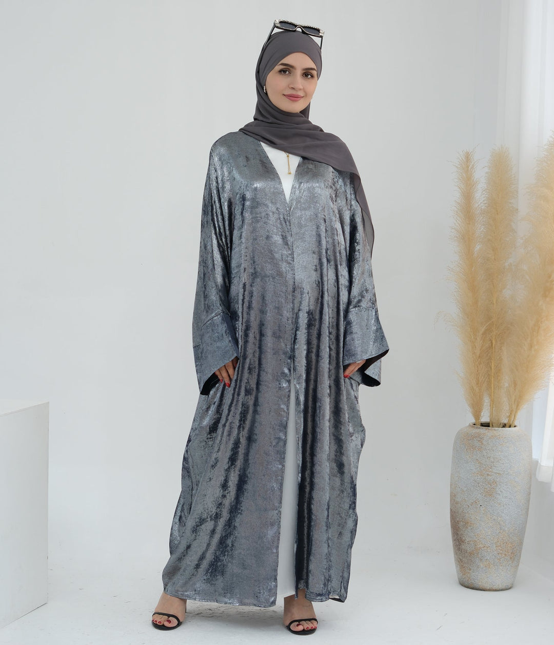 Get trendy with Draya Shimmer Kimono Open Abaya - Silver - Cardigan available at Voilee NY. Grab yours for $54.90 today!