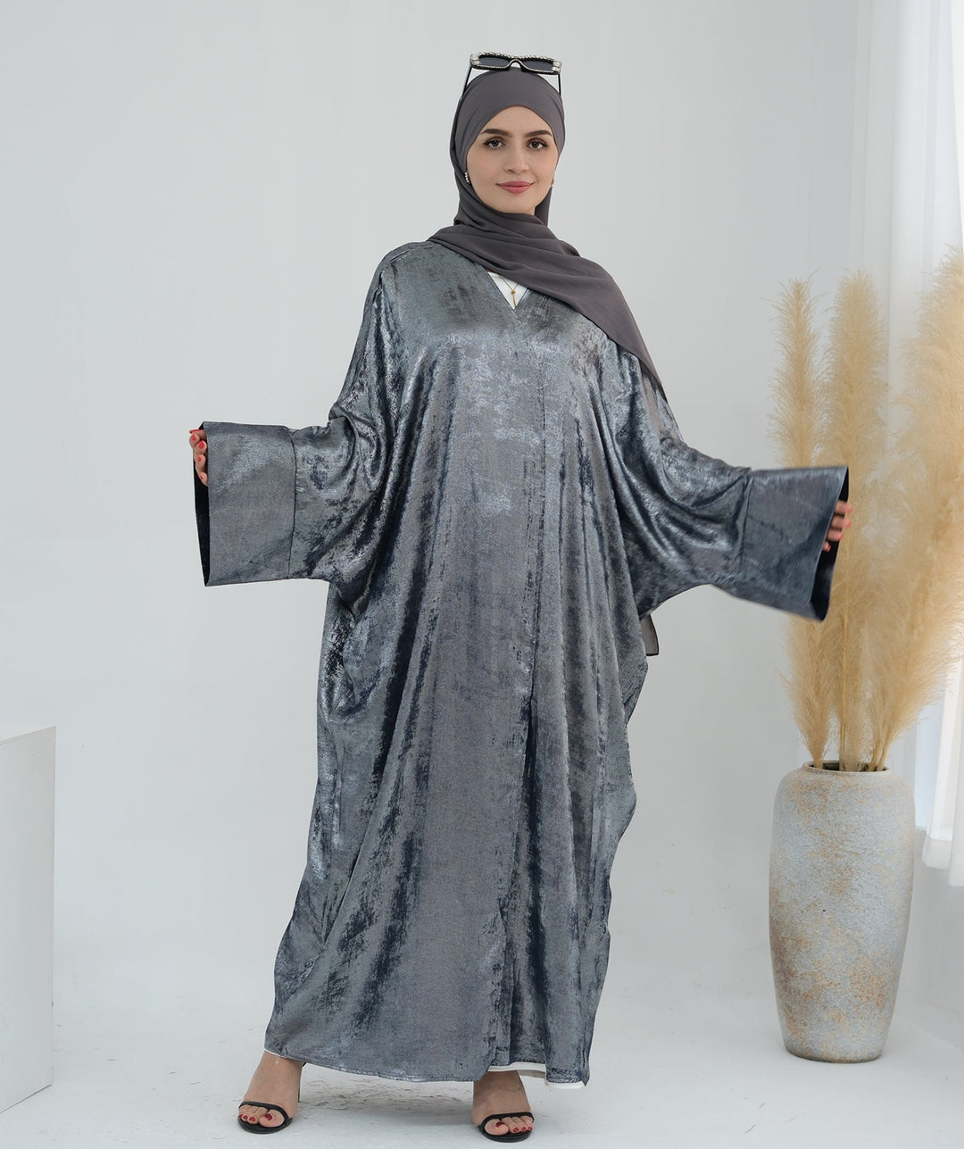 Get trendy with Draya Shimmer Kimono Open Abaya - Silver - Cardigan available at Voilee NY. Grab yours for $54.90 today!