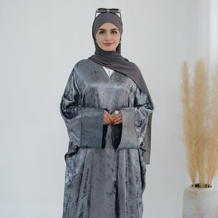 Get trendy with Draya Shimmer Kimono Open Abaya - Silver - Cardigan available at Voilee NY. Grab yours for $54.90 today!