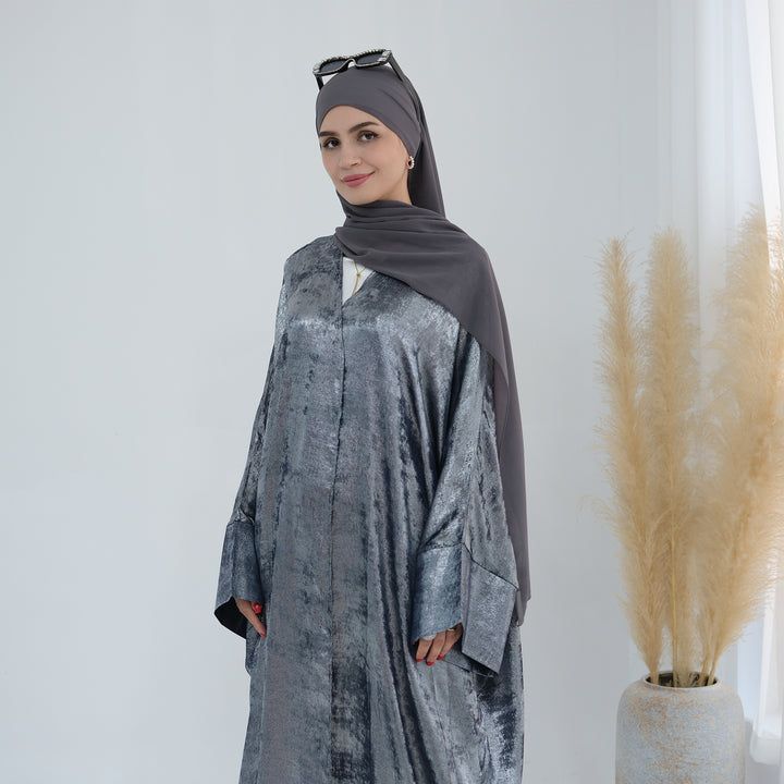 Get trendy with Draya Shimmer Kimono Open Abaya - Silver - Cardigan available at Voilee NY. Grab yours for $54.90 today!