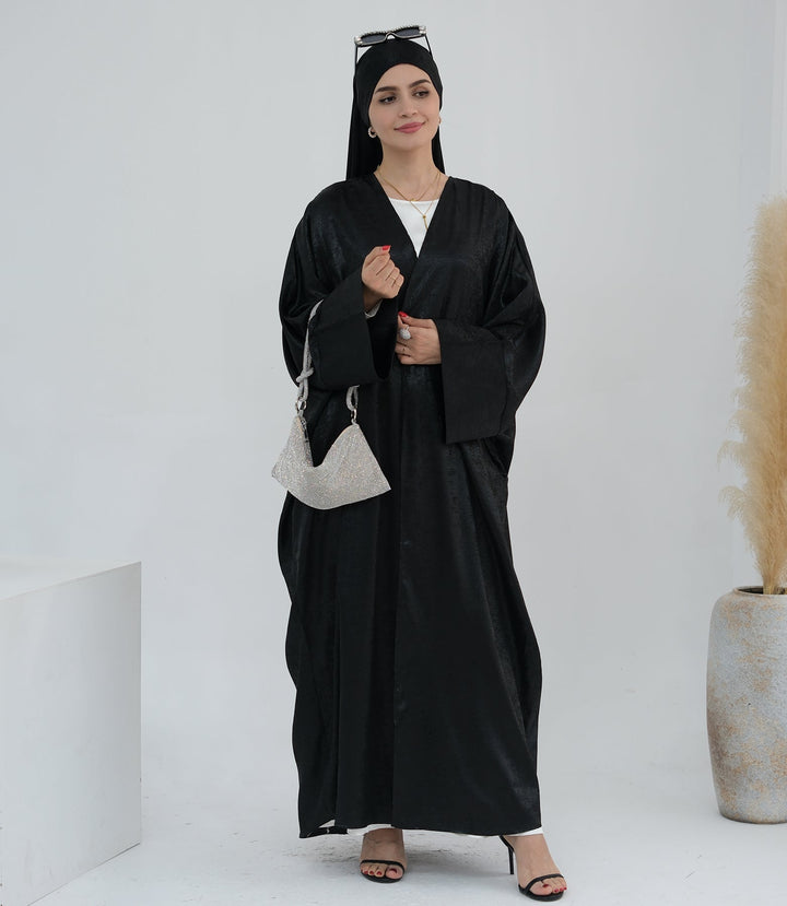 Get trendy with Draya Shimmer Kimono Open Abaya - Black - Cardigan available at Voilee NY. Grab yours for $54.90 today!