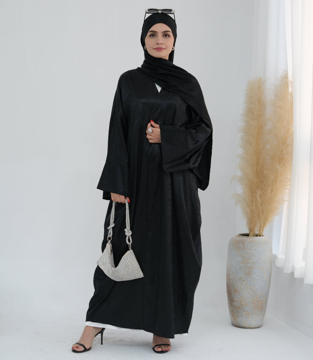 Get trendy with Draya Shimmer Kimono Open Abaya - Black - Cardigan available at Voilee NY. Grab yours for $54.90 today!