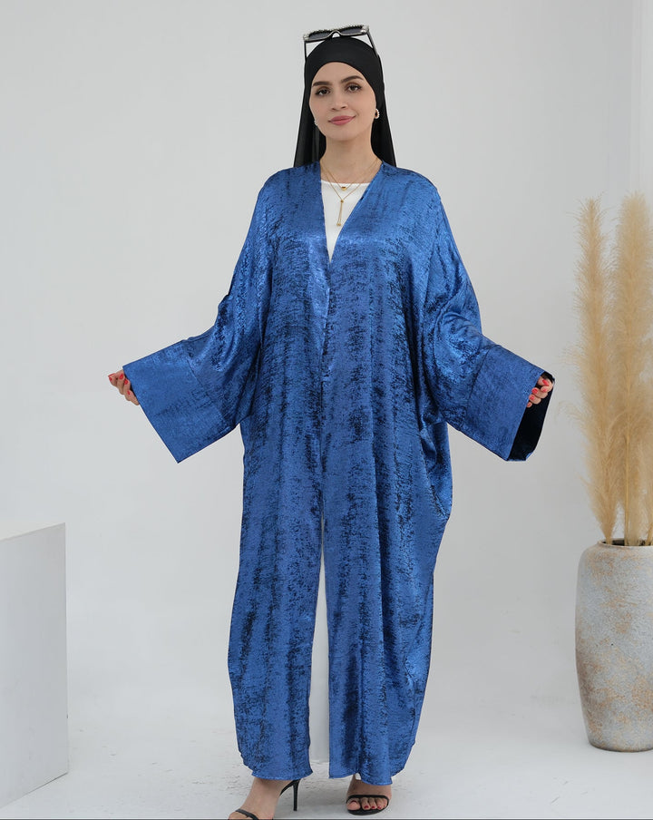 Get trendy with Draya Shimmer Kimono Open Abaya - Blue - Cardigan available at Voilee NY. Grab yours for $54.90 today!