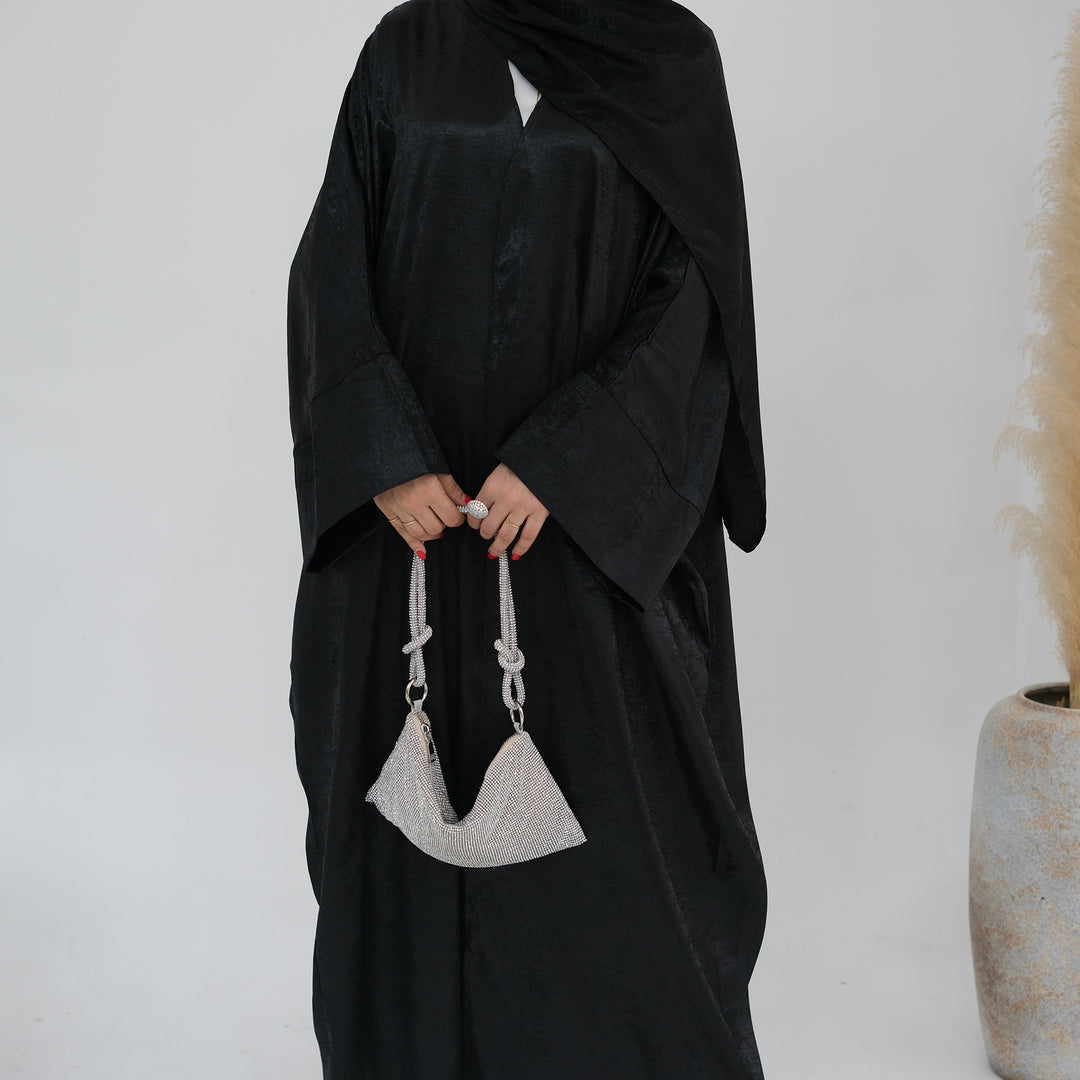 Get trendy with Draya Shimmer Kimono Open Abaya - Black - Cardigan available at Voilee NY. Grab yours for $54.90 today!