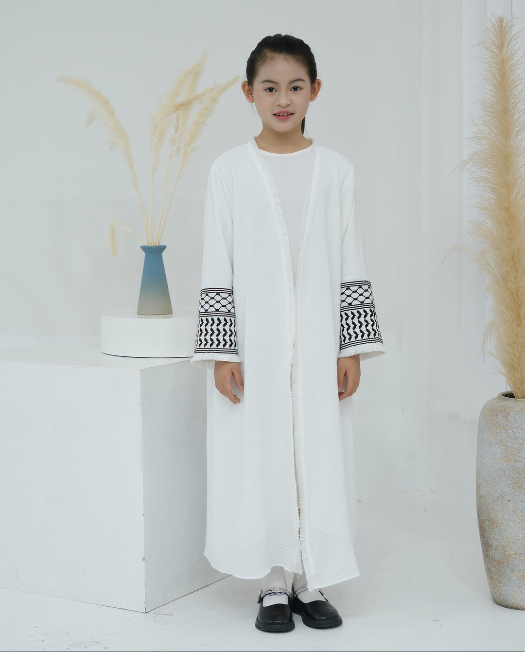 Get trendy with Kids Kufiya Open Abaya - White -  available at Voilee NY. Grab yours for $39.90 today!