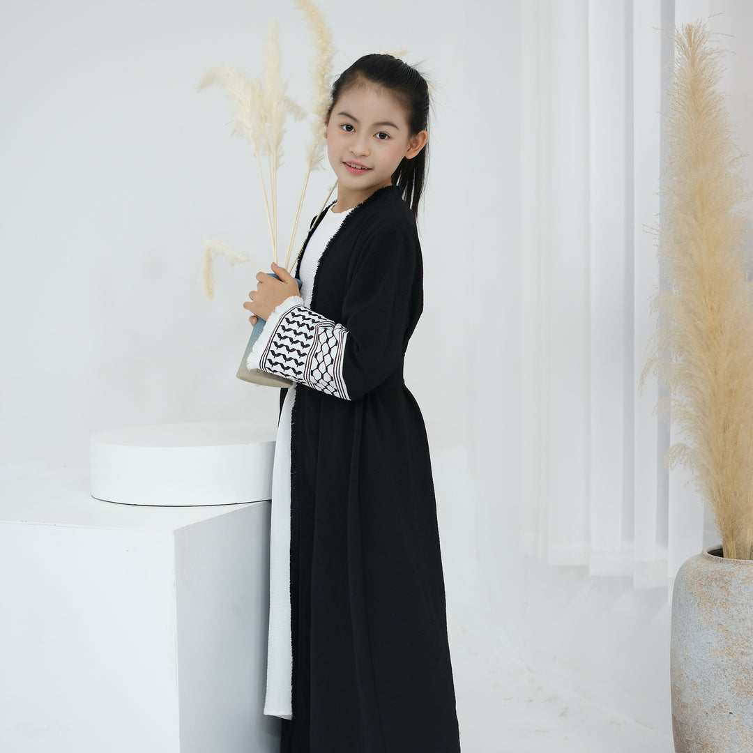 Get trendy with Kids Kufiya Open Abaya - Black -  available at Voilee NY. Grab yours for $39.90 today!