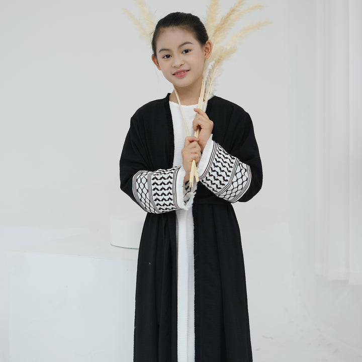 Get trendy with Kids Kufiya Open Abaya - Black -  available at Voilee NY. Grab yours for $39.90 today!