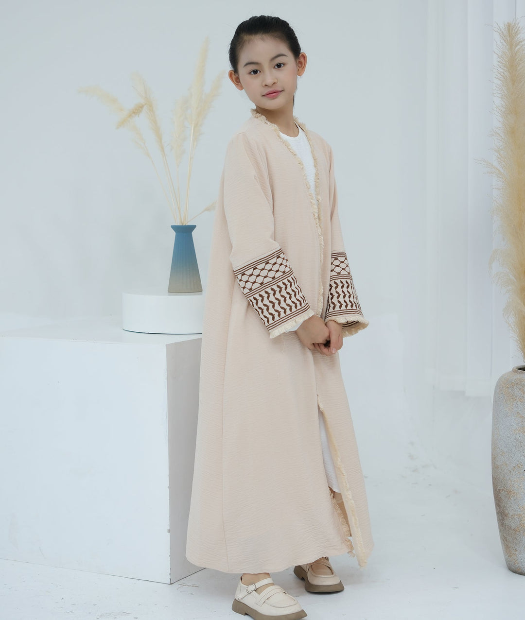 Get trendy with Kids Kufiya Open Abaya - Sand -  available at Voilee NY. Grab yours for $39.90 today!