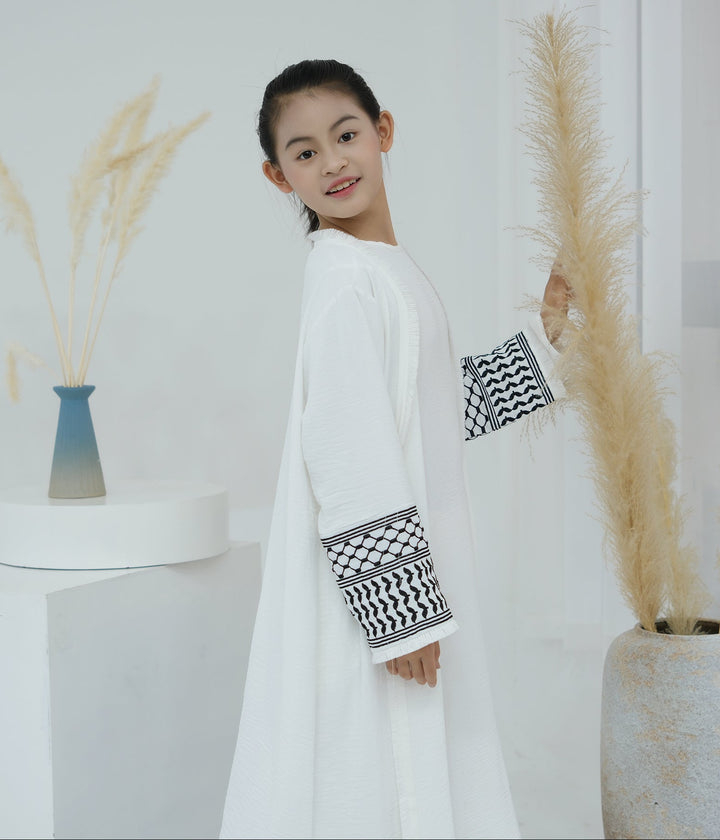 Get trendy with Kids Kufiya Open Abaya - White -  available at Voilee NY. Grab yours for $39.90 today!