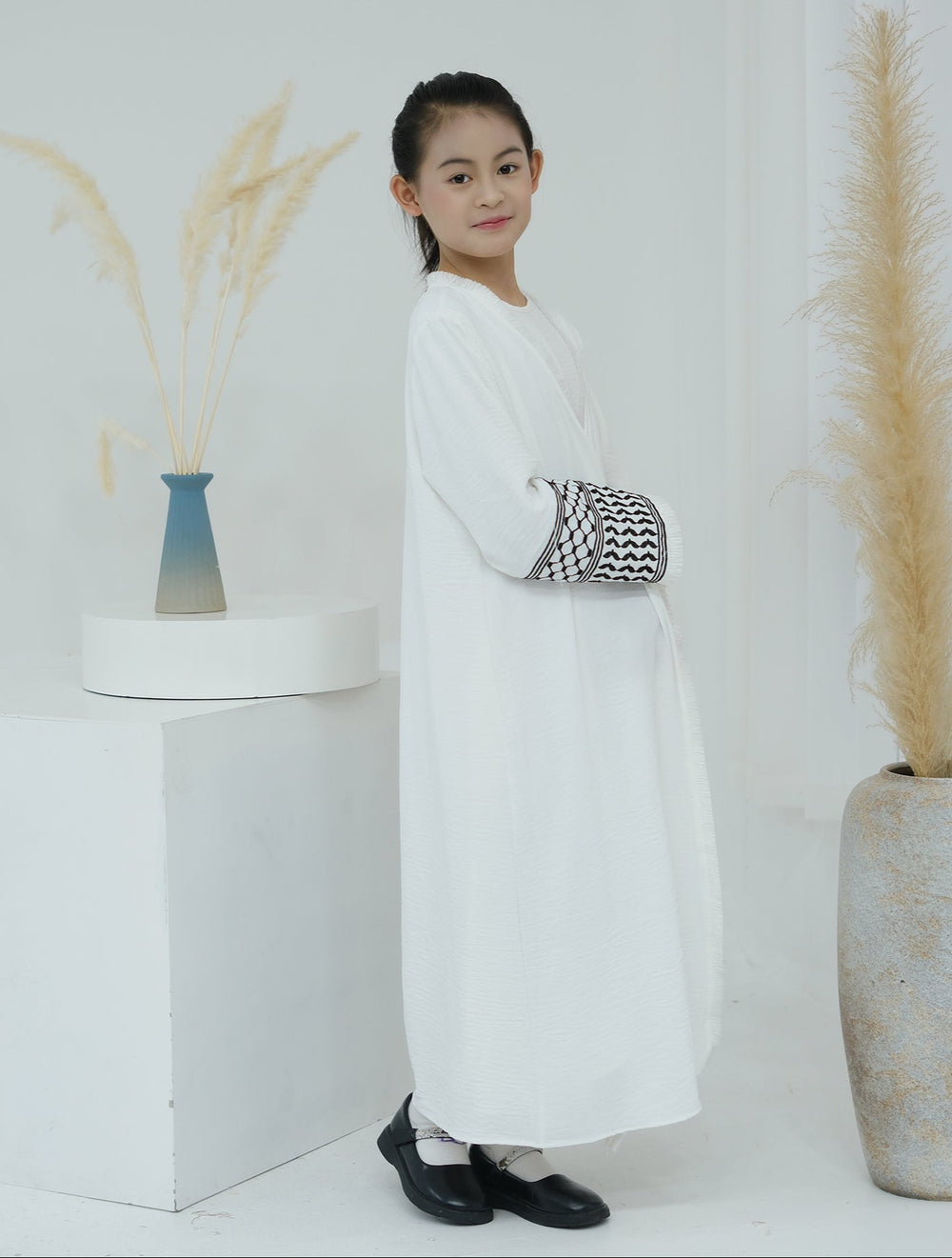 Get trendy with Kids Kufiya Open Abaya - White -  available at Voilee NY. Grab yours for $39.90 today!